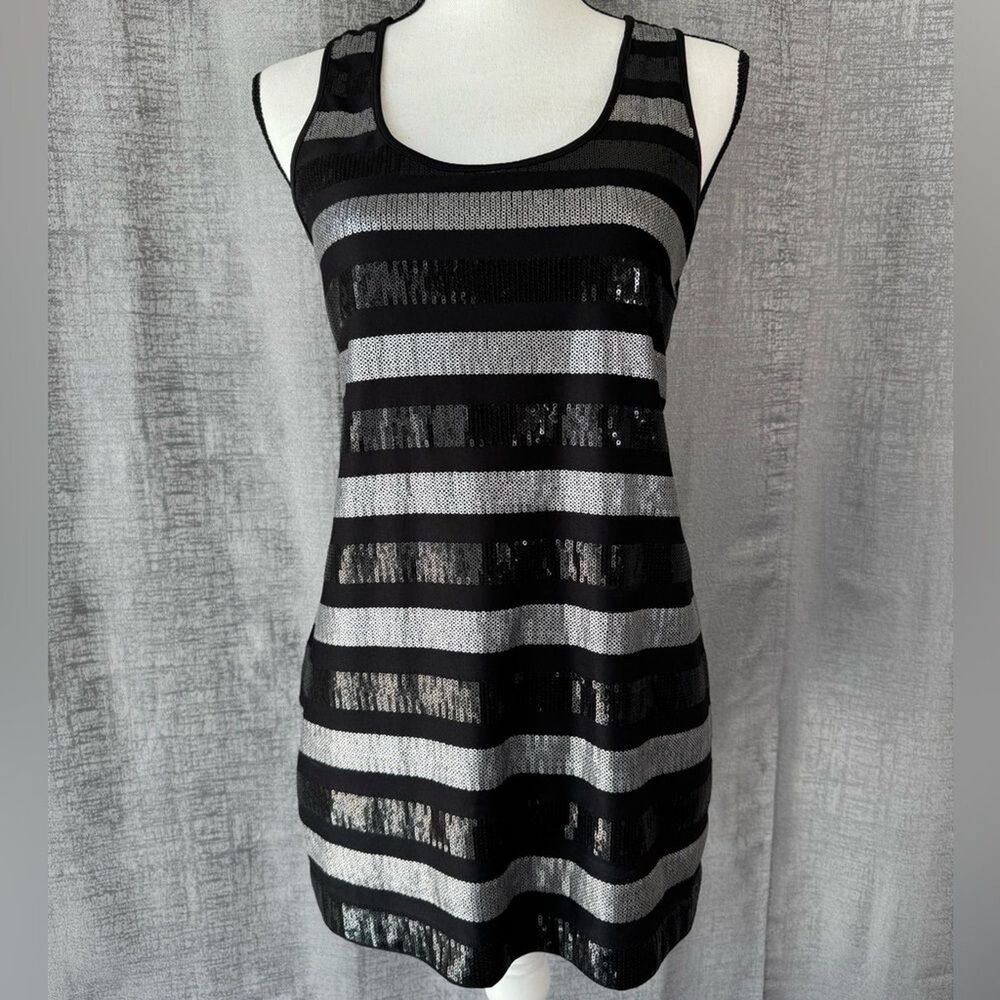 ARDEN B Black and Silver Sequins Striped Tank Top Dress - Size M (A020)